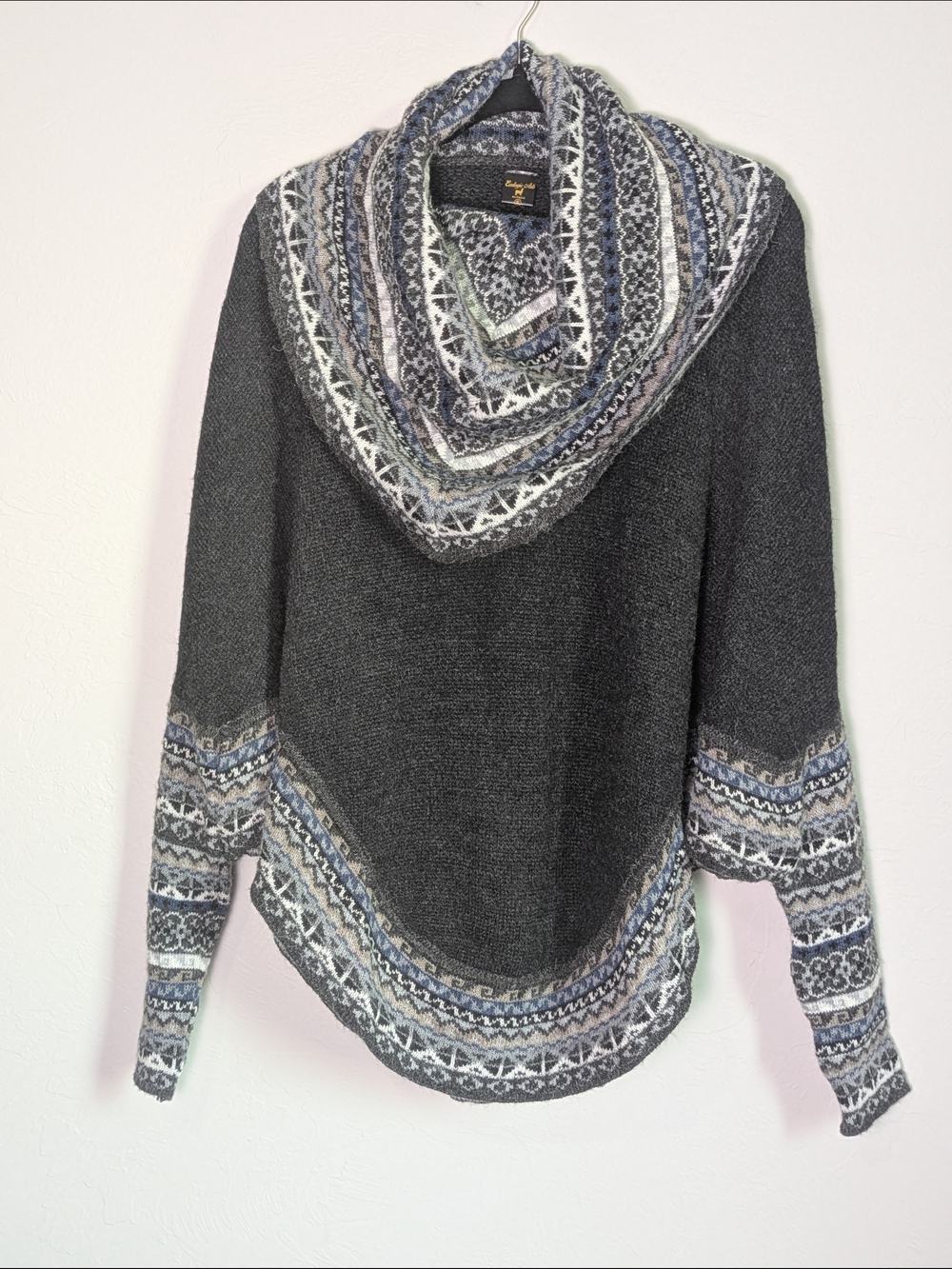Ecologic Arts Alpaca Wool Cowl Neck Fair Isle Poncho w/Sleeves XL Peruvian Boho